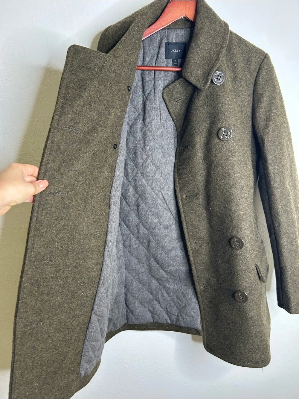 J. Crew 100% Wool Army Green Double Breasted Peacoat Size Small
